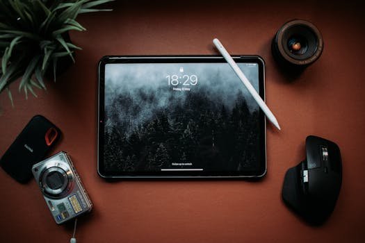 Home Minimalist flat lay of tablet and gadgets on a desk, showcasing modern technology.